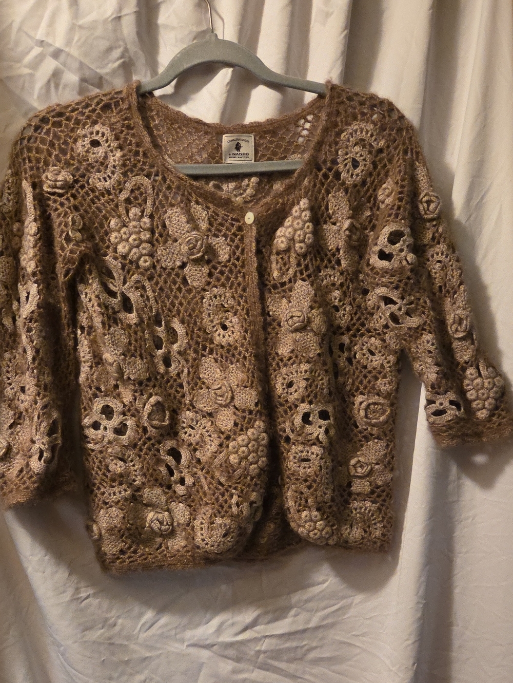 Nando Muzi Taupe Crochet Floral Openwork Cardigan